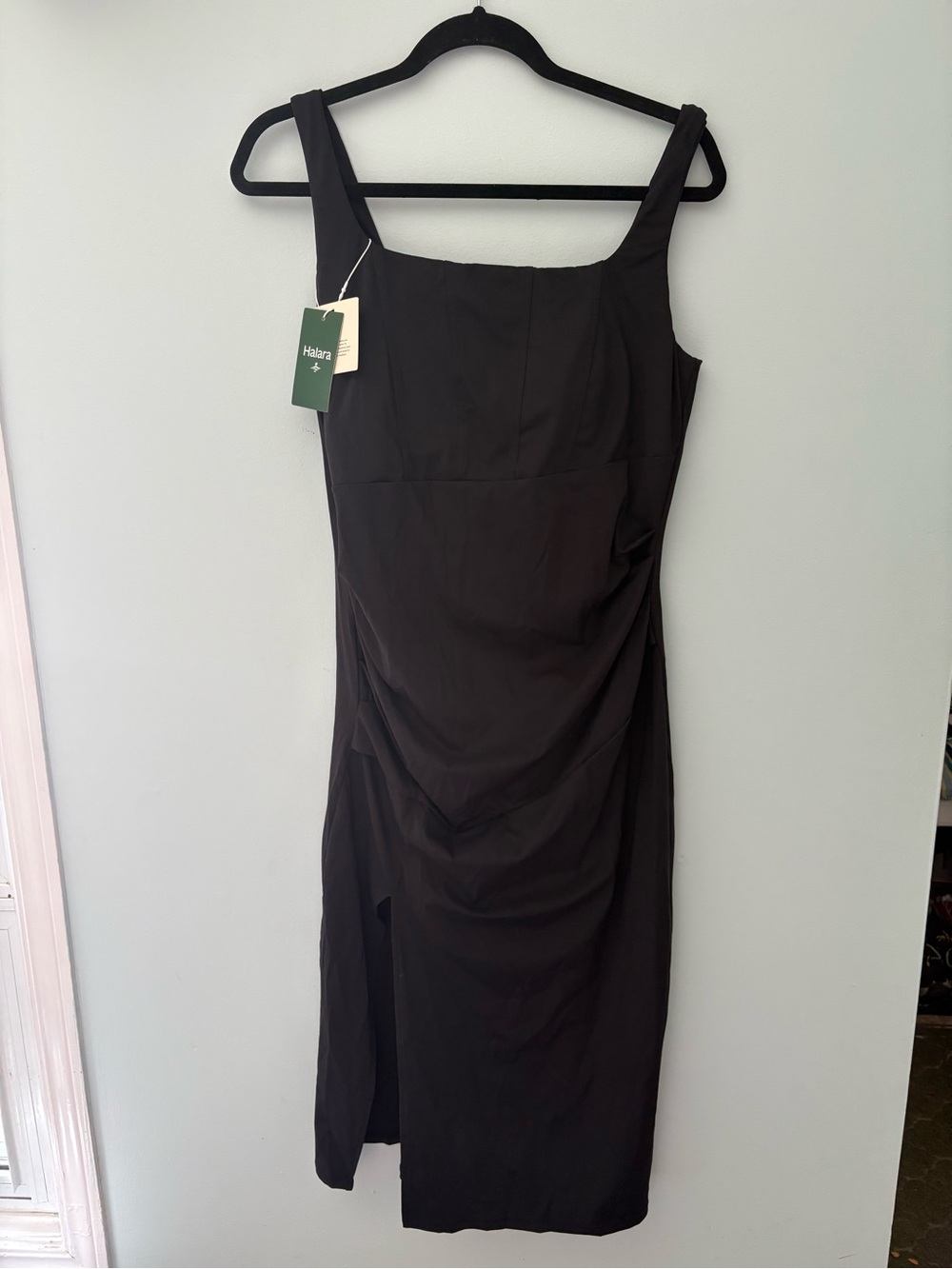 HALARA Black Square-Neck Midi Dress with Wide Straps